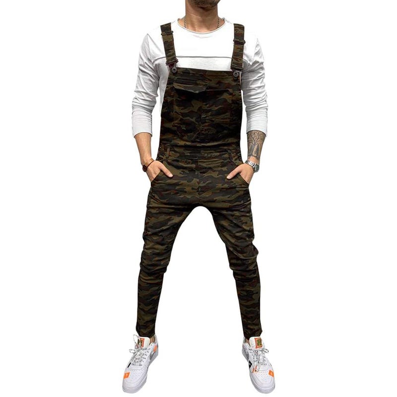 LONGBIDA Men's Denim Bib Overalls Fashion Slim Fit Jumpsuit with Pockets(Camouflage,M) - Image 1